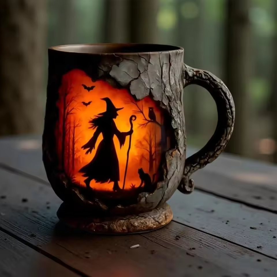 Tazza decorativa di alta qualità – Tazza di Halloween 3D realizzata a mano – Design con strega e gatto