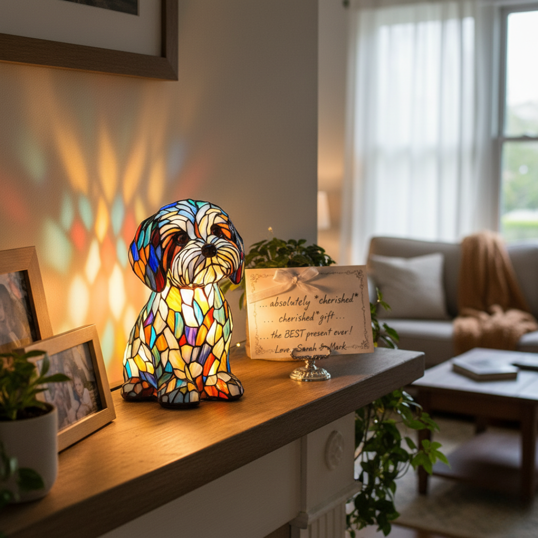 Luminária Artesanal – Luminoso Canine Companions in Estilo Vitral Luz
