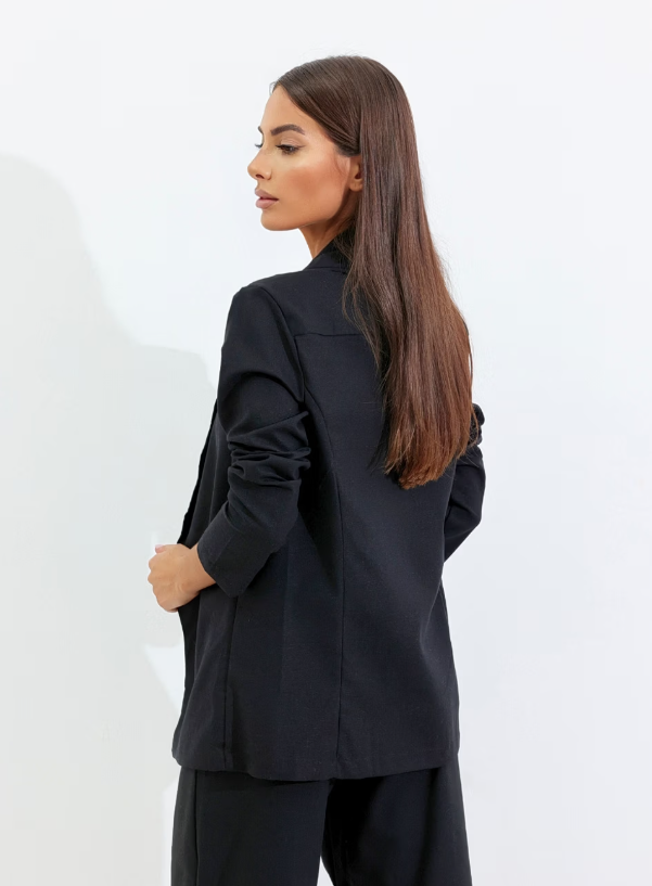Women's Black Linen Long Blazer - Camila Areia